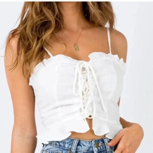 Princess Polly Daphne Top Crop Linen Lace Up Boho Beachy Resort 0 XS